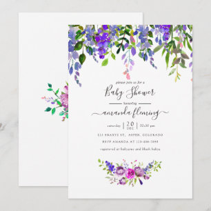 Aquarel Paarse Bloemige Baby Shower Uitnodiging