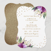 Aquarel Paarse Gouden Bloem Bewaar De Datum Save The Date (Voorkant / Achterkant)