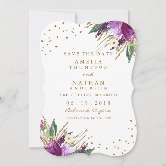 Aquarel Paarse Gouden Bloem Bewaar De Datum Save The Date (Voorkant)