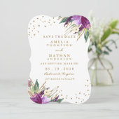 Aquarel Paarse Gouden Bloem Bewaar De Datum Save The Date (Staand voorkant)