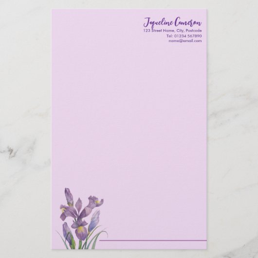 Aquarel Paarse Iris Botanische Illustratie Briefpapier (Voorkant)