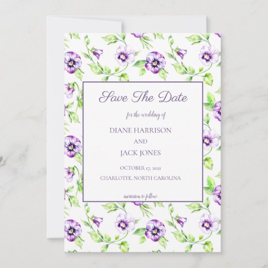 Aquarel Paarse Viooltjes Bewaar de Datum Kaart (Voorkant)