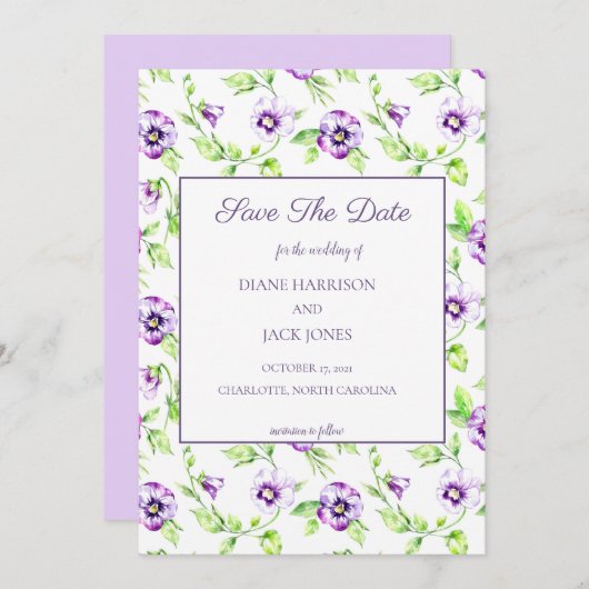 Aquarel Paarse Viooltjes Bewaar de Datum Kaart (Voorkant / Achterkant)