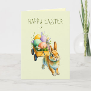 Aquarel Paaswenskaart met Konijnenwagen Feestdagen Kaart