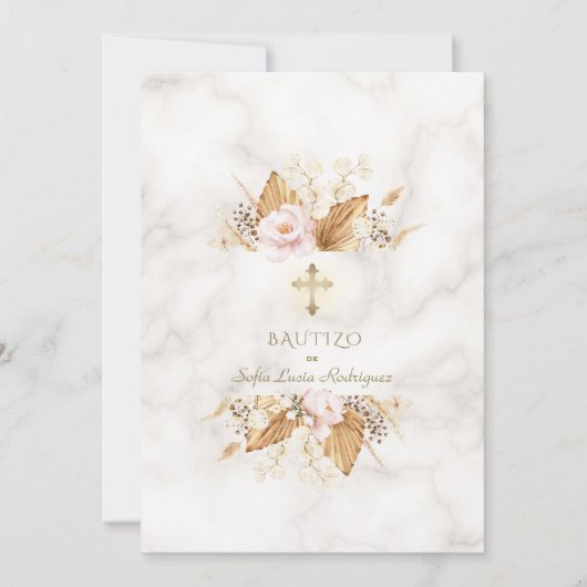 Aquarel Pampas Gras Roze Bloemen Goud Bautizo Kaart (Achterkant)