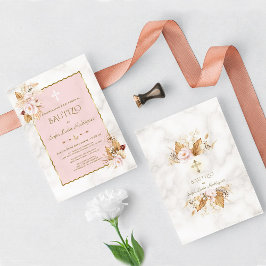 Aquarel Pampas Gras Roze Bloemen Goud Bautizo Kaart