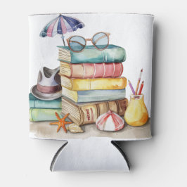 AQUAREL PASTEL ZOMER STRANDSCÈNE MET BOEKEN BLIKJESKOELER