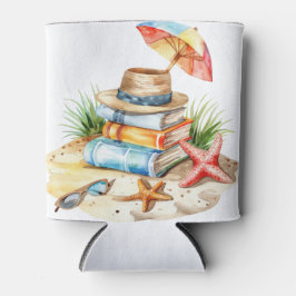 AQUAREL PASTEL ZOMER STRANDSCÈNE MET BOEKEN BLIKJESKOELER
