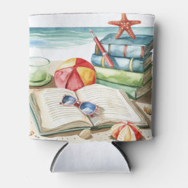 AQUAREL PASTEL ZOMER STRANDSCÈNE MET BOEKEN BLIKJESKOELER