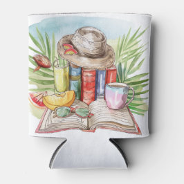AQUAREL PASTEL ZOMER STRANDSCÈNE MET BOEKEN BLIKJESKOELER