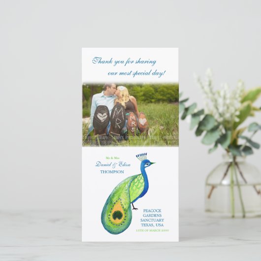 Aquarel Pauw Huwelijksfotokaart Bedankt (Staand voorkant)