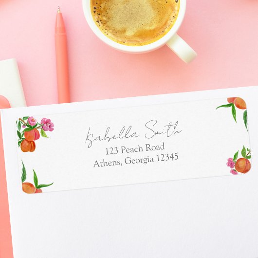 Aquarel Perzik Cake Met Bloesem Etiket