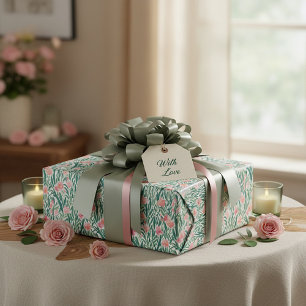 Aquarel perzik en groen bloempatroon cadeaupapier