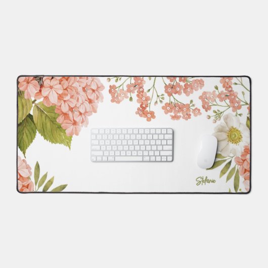 Aquarel Perzik Hydrangeas Bloemen gepersonaliseerd Bureaumat (Keyboard & Muis)