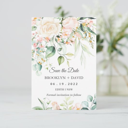 Aquarel Perzik Roze Blush Bloem Save the Date Kaart (Staand voorkant)