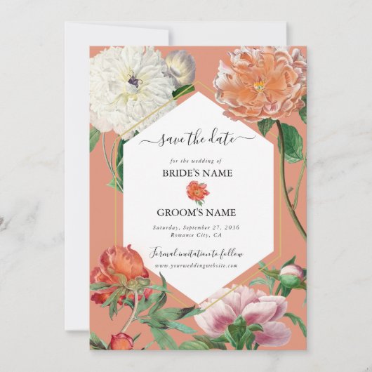 Aquarel Perzik Roze Pioenrozen Bloemen Bruiloft Save The Date (Voorkant)