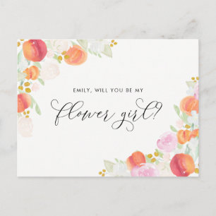 Aquarel Perziken en Bloemen Wees Mijn Bloemenmeisj Uitnodiging Briefkaart