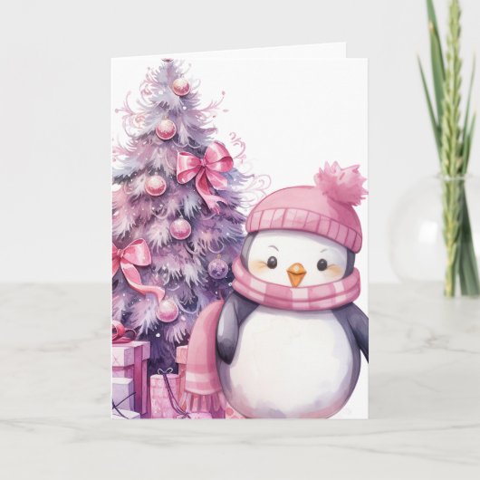 Aquarel Pinguïn & Roze Kerstboom Kaart (Voorkant)
