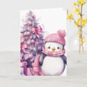 Aquarel Pinguïn & Roze Kerstboom Kaart (Gele Bloem)