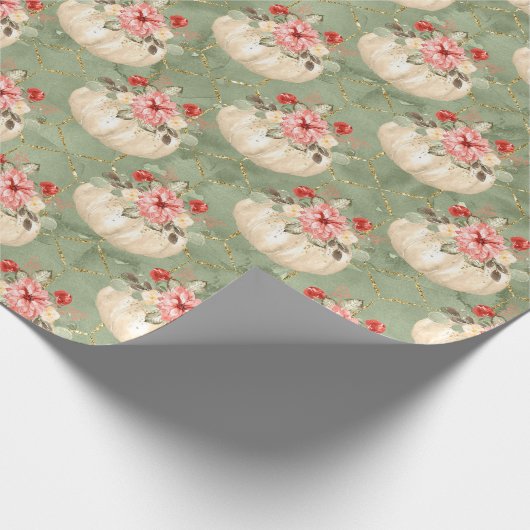 Aquarel Pompoen Groen Goud Glitter Cadeaupapier (Hoek)