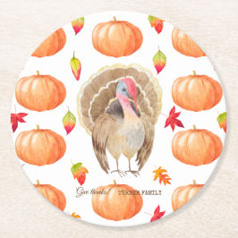 Aquarel Pompoen Turkije Patroon Thanksgiving Ronde Kartonnen Onderzetter