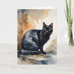 Aquarel Portret van Zwarte Kat Lege Wenskaart  Kaart