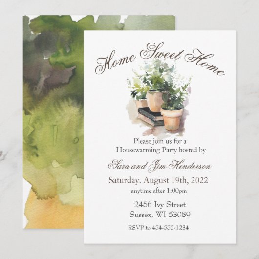 Aquarel Potplanten Housewarming Uitnodiging (Voorkant / Achterkant)