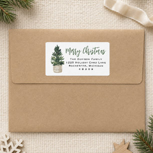 Aquarel Potted Pine Kerstmis Familie Adres Etiket