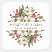 Aquarel Prettig Kerstmis Bloemstuk Magnolia Bessen Vierkante Sticker (Voorkant)