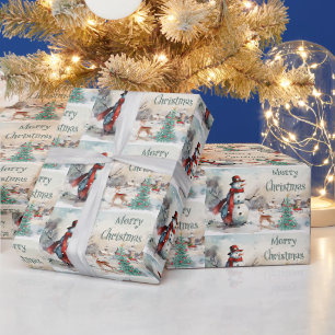 Aquarel Prettig Kerstmis Sneeuwman Cadeaupapier