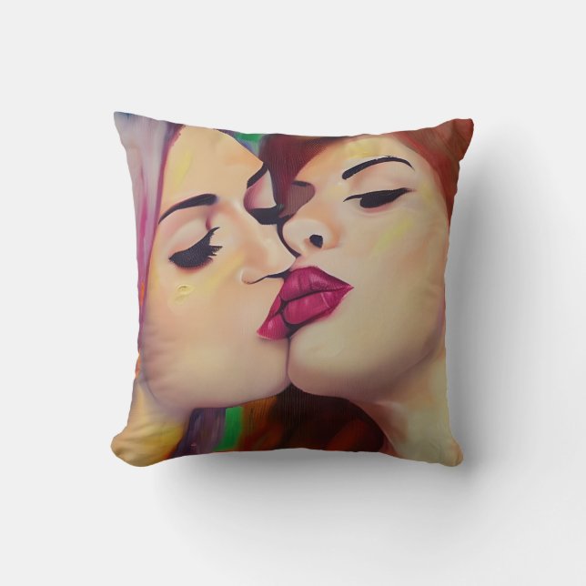 Aquarel Pride Twee Vrouwen Zoenen Kussen (Voorkant)