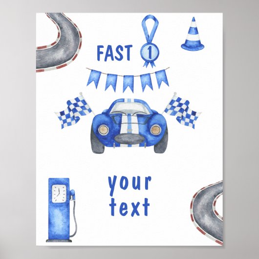 Aquarel raceauto eerste verjaardag aangepaste teks poster (Voorkant)