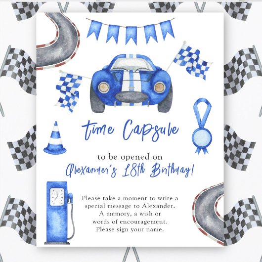 Aquarel raceauto tijdcapsule 1e verjaardag poster
