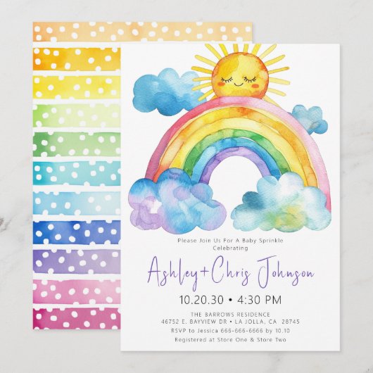 Aquarel Regenboog Baby Borrelfeest Uitnodiging (Voorkant / Achterkant)