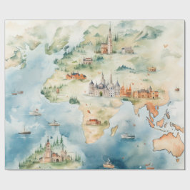 Aquarel Reiskaart Cadeaupapier