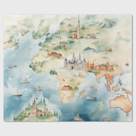 Aquarel Reiskaart Cadeaupapier (Vlak)