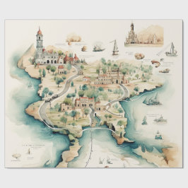 Aquarel Reiskaart Cadeaupapier
