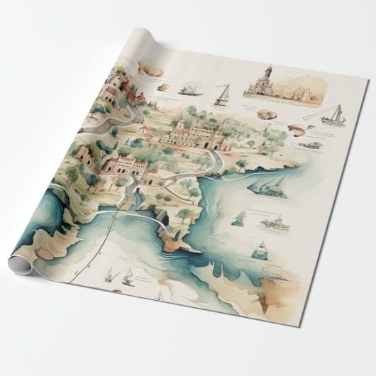 Aquarel Reiskaart Cadeaupapier (Uitgerold)