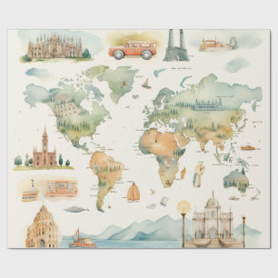 Aquarel Reiskaart Cadeaupapier