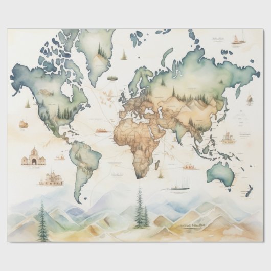 Aquarel Reiskaart Cadeaupapier (Vlak)
