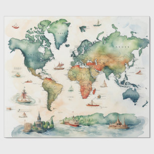 Aquarel Reiskaart Cadeaupapier