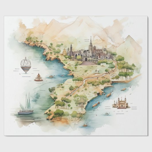 Aquarel Reiskaart Cadeaupapier (Vlak)