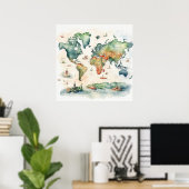 Aquarel Reiskaart Poster (Thuiskantoor)