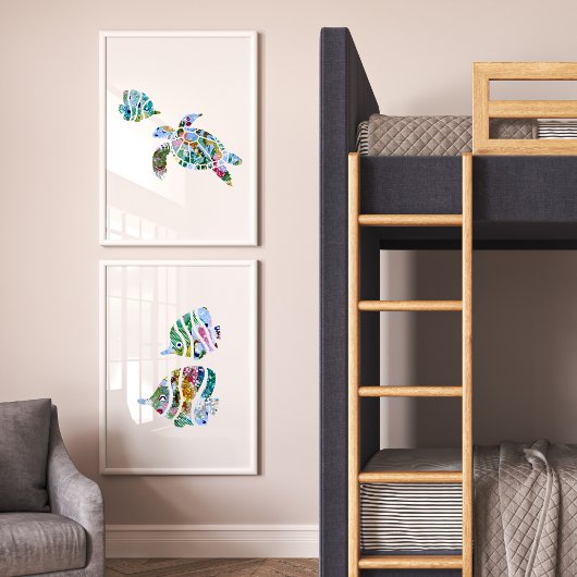 Aquarel Rifvissen en Zeeschildpadden Origineel Muurkunst Sets