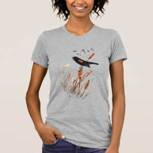 Aquarel Rode Vleugel Zwarte Vogel Natuur kunst T-shirt