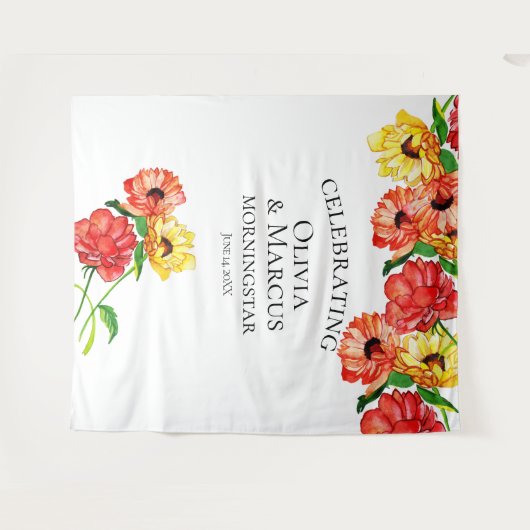 Aquarel Rood en Geel Bloemmotief Foto Achtergrond Wandkleed (Voorkant (horizontaal))