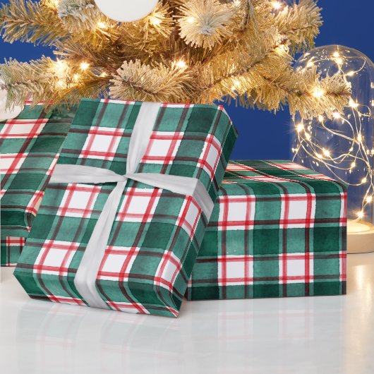 Aquarel Rood Groen Kerstmis Schotse ruit Kerstmis Cadeaupapier (Feestdagen)