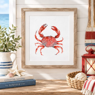 Aquarel Rood Krab Schilderij Kust Muurkunst Poster