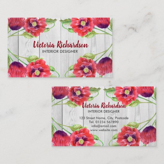 Aquarel Rood Poppies Grijs Houten Korrel Patroon Visitekaartje (Voorkant / Achterkant)