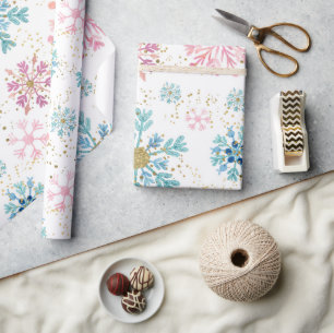 Aquarel Roze, Blauw & Goud Winter Sneeuwvlokken Cadeaupapier